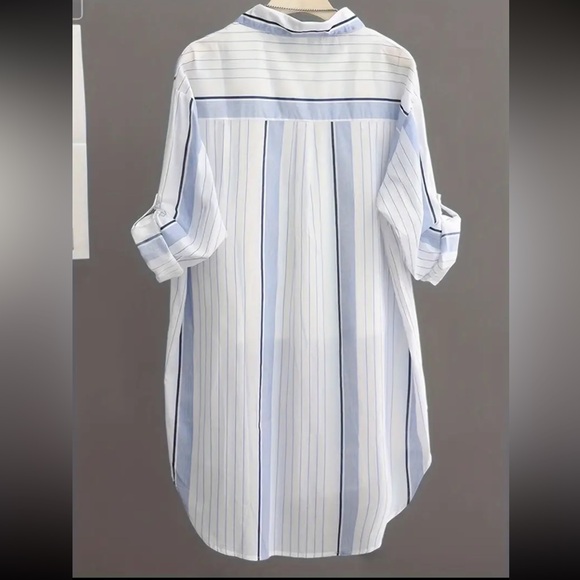 Striped Blouse with Lapel Neck - Long Sleeve Button-Down & Front Pocket Design - Picture 9 of 9